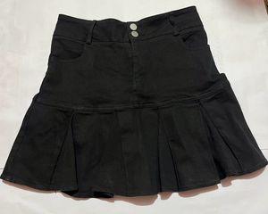 Black Denim Pleated Skirt