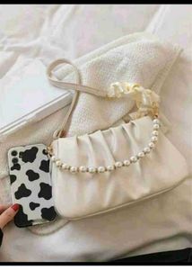 Pearl Handle White Ruched Bag