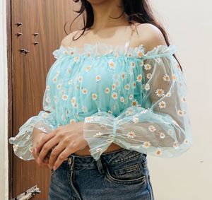 Combo Of Tulle Daisy, Blue, Black Slippers & Top