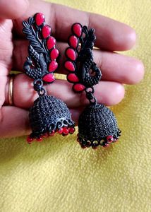 Black Oxidized Peacock Jhumka Earrings with Red
