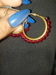 Red Beaded Hoop Earrings
