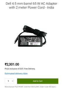 Dell 65W AC Adapter With Cord