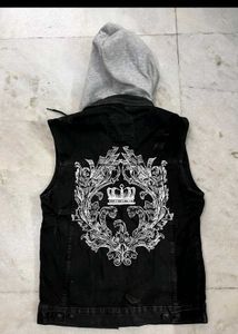 ZARA SLEEVELESS BLACK DENIM HOODED JACKET