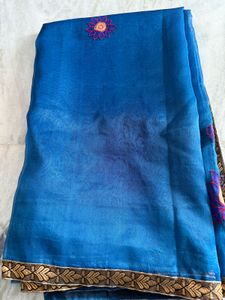 Blue Embroidered Saree With Stitched Blouse