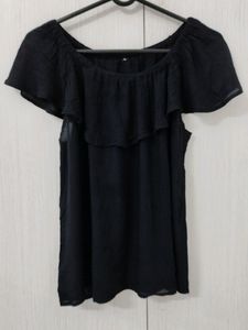 Solid Black Off-Shoulder Ruffle Neckline Top