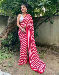 Printed, Striped Bollywood Georgette Saree (Red)