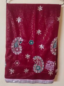 Beautiful Red & golden print with attached Blouse