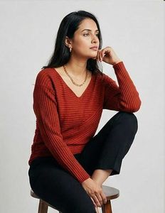 Cotton Red Ribbed Turtleneck Sweater Top Women