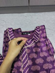 Women Purple Satin Silk Printed Kurta With Pant