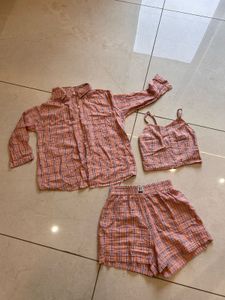 Pink Plaid Co Ords Set Of 3 Pieces