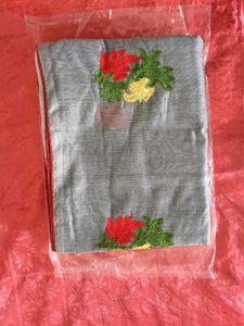 Grey With Red Floral Design ChanderiCotton Saree