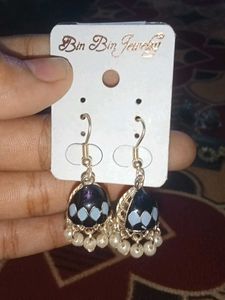 Navy Blue With White Pearl Jhumka Earrings