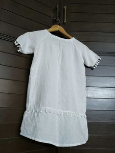 Girl White Cotton Neck Dori Tassel Dress