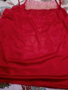 3 Piece Red Satin Night Suit Set In L Size