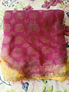 Chiffon Yellow And Pink Saree with Blouse