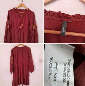 Maroon Embroidery Dress Women 🤎🛍️