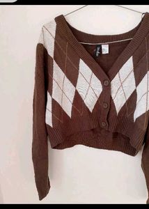 H&amp;M Brown Argyle Crop Cardigan.