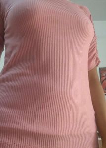 Pink Ribbed Fitted Ruched Sleeve Top