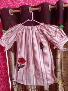 Casual Striped Top With Rose Work