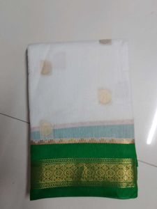 White With Green Cotton Saree..