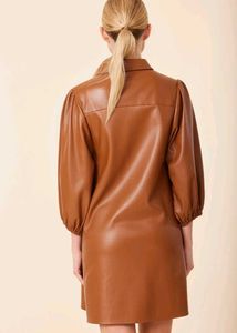 Chic Brown Faux Leather Shirt Dress