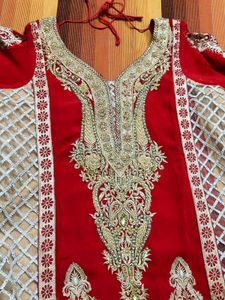 Partywear Women Red Fully Embroidered Suit Set
