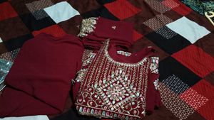 Embroidered Maroon Kurti Combo Two Piece Dress