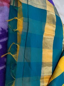 Yellow &amp; Teal Checkered Saree