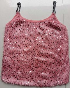 Pink Fringe Sequin Chain Strap Tank