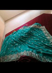 Elegant Teal green embroidery Saree with stitchied