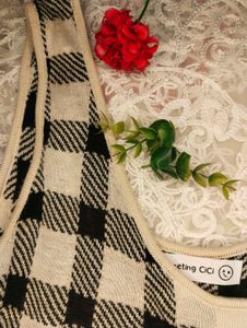 Checkered Knit Button-Up Top