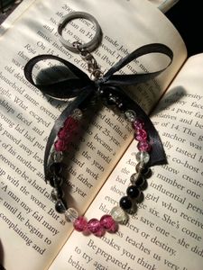 onion pink Beaded Keychain with black ribbon