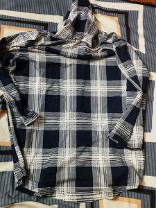 square Pattern Navy Blue Shirt With Attached Hoodie
