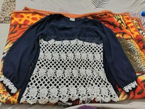 Navy Crochet Long Sleeve Top