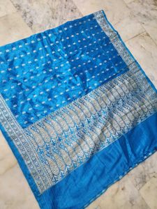 blue kataan saree with silver zari work