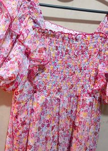 Light Pink Multicolored Dress With Ruffle Sleeve