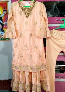 Peach Embroidered Long Frock With Suit