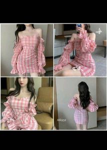 Pink Gingham Off-Shoulder Mini Dress