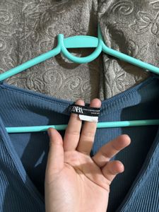 Blue Ribbed V-Neck Top