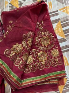 Maroon Embroidered saree