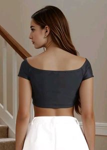 Fitted off shoulder short sleeve micro crop top