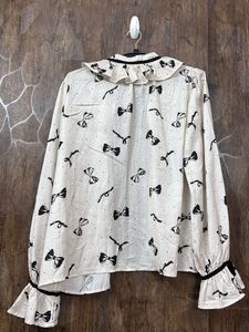Bow Print Ruffle Korean Top