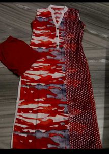Red &amp; White Printed Kurti Set