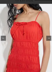 Red Smocked-Detailed Cotton Tiered Dress