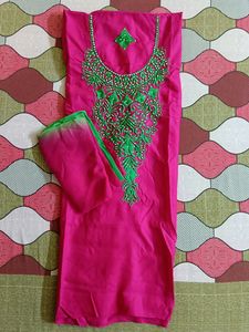Solid Pink Colour Kurta With Green Embroidery.