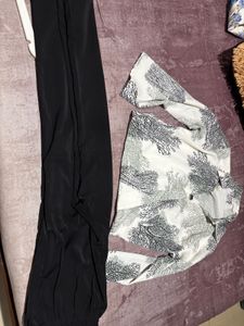 Coral Print Top & Black Pants Set