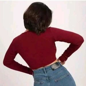 Red Square Neck Long Sleeve Top