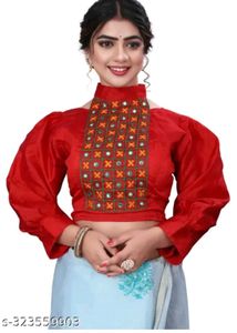 Red Embroidered High Neck Crop Top