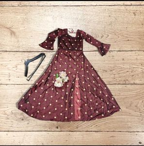 Burgundy Polka Dot Design Embroidery Dress