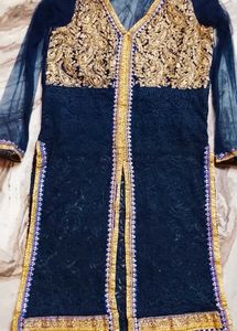 Elegant Navy & Gold Embroidered Kurti Sharara Set